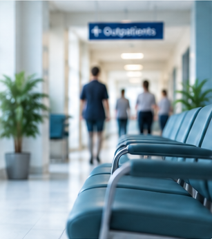Healthcare waiting area with seating and an outpatient corridor